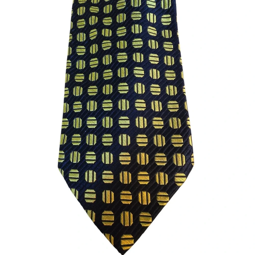 Ermenegildo Zegna Mens Silk Tie Navy Blue Gold Geometric Circle Made in Italy